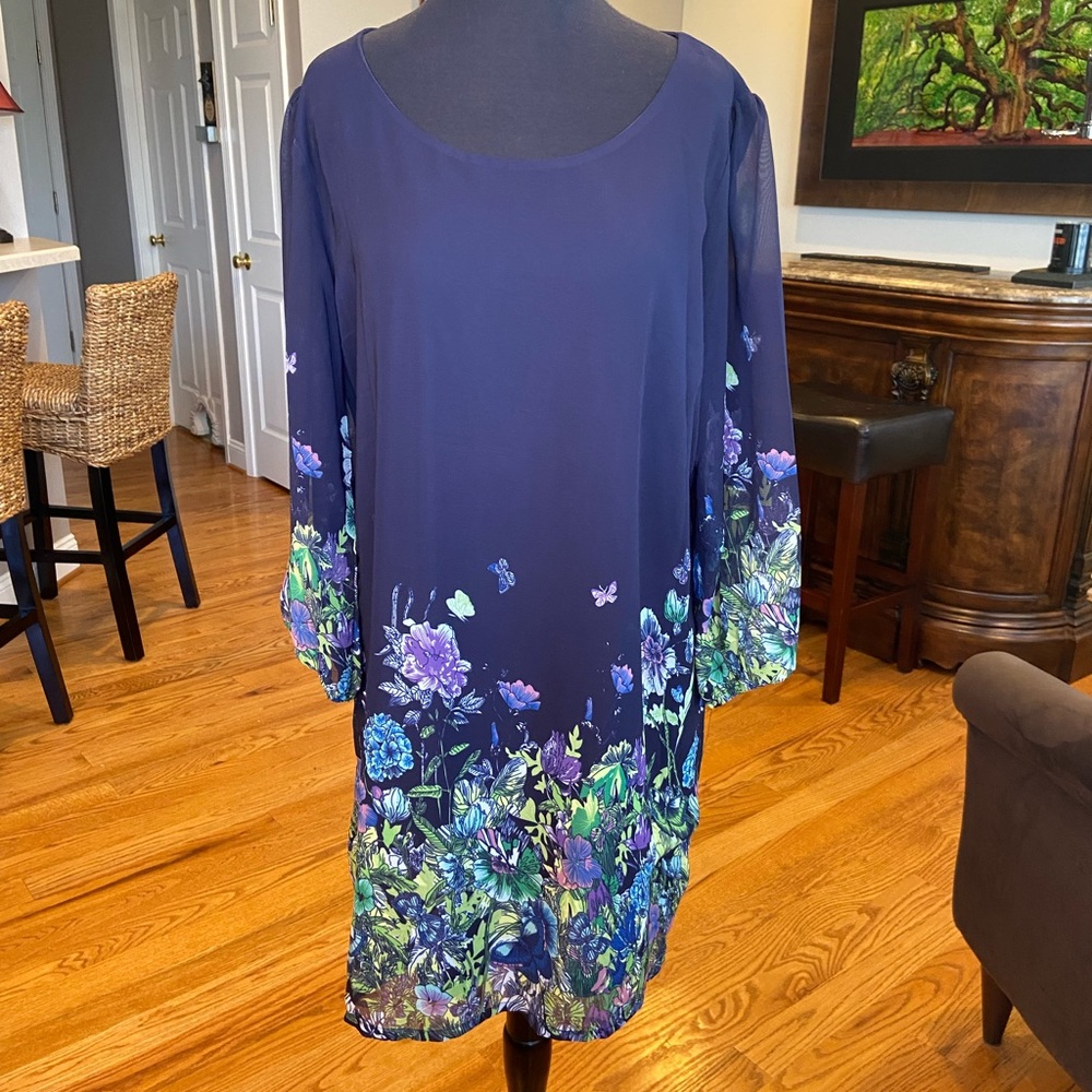 NWOT DJT Navy Chiffon Dress with Floral accents